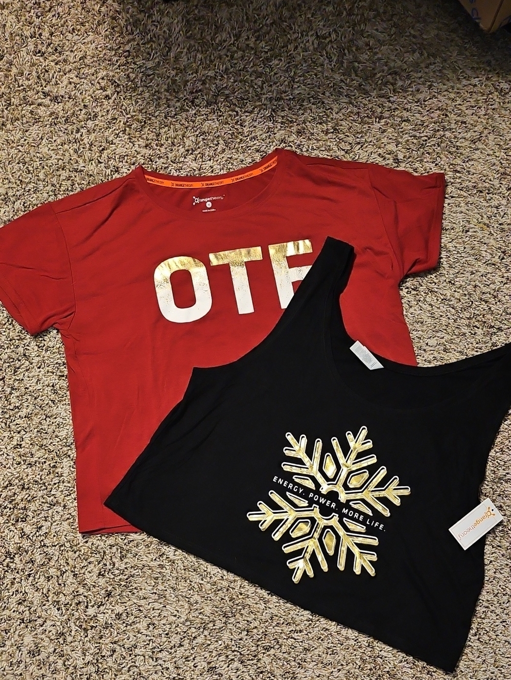 Red OTF Logo Tee - Medium & Black Snowflake Tank - Large